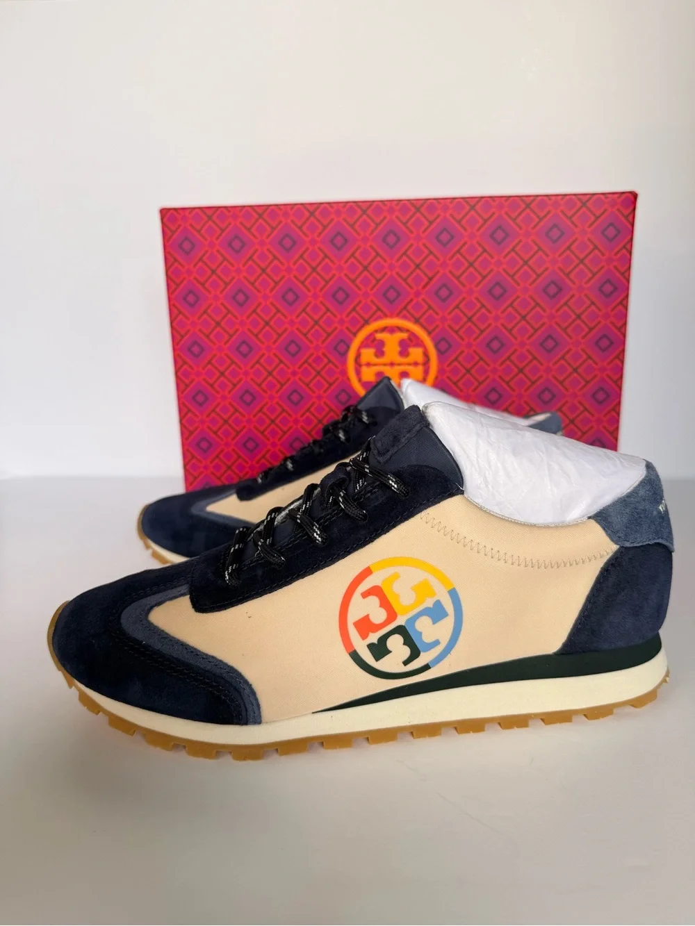 Tory Burch Annie Nylon Runner Sneakers New Cream Tempesta Blue Suede 7.5